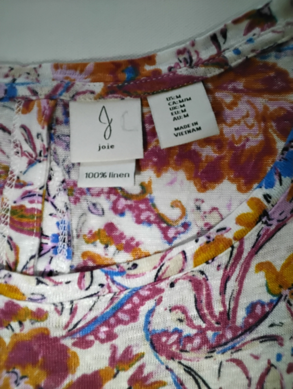 Joie 100% Linen Top Womens Medium White Pink Orange Tropical Floral Boho Luxury - Picture 7 of 8